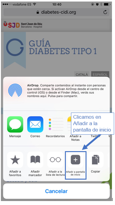 acceso directo iphone a guía diabetes