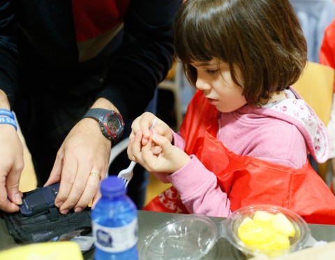 Niña pinchándose el dedo para un control glucémico - Hospital Sant Joan de Déu