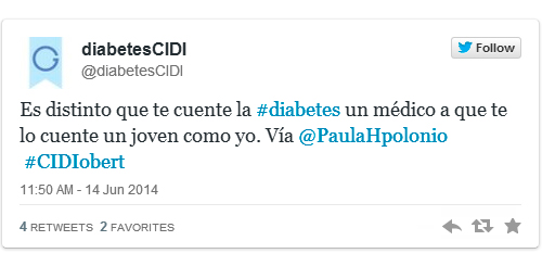 Twitter: Es distinto que te cuenta la #diabetes un médico a que te lo cuente un joven como yo. Vía @PaulaHpolonio #CIDIobert