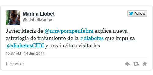 Twitter Marina Llobet: Javier Macía de @univpompeufabra explica nueva estrategia de tratamiento de la #diabetes que impulsa @diabetesCIDI y nos invita a visitarles