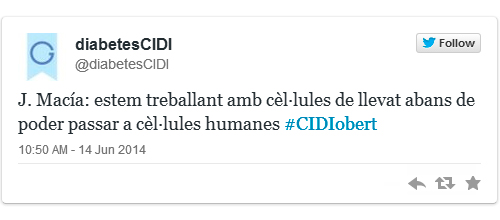 Twitter - J. Macía: estem treballant amb cèl·lules de llevat abans de poder passar a cèl·lules humanes. #CIDIobert
